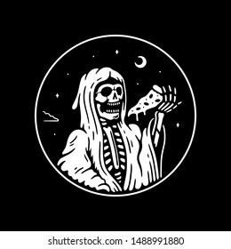 GRIM REAPER WITH PIZZA SLICE WHITE BLACK BACKGROUND