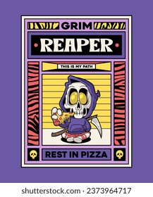 Grim Reaper Pizza. Spooky Horror Cartoon On Art Deco Illustration Style.