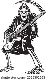 Grim reaper playing on a electric scythe guitar