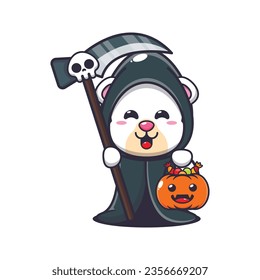 Grim reaper polar bear holding scythe and halloween pumpkin. Cute halloween cartoon illustration.