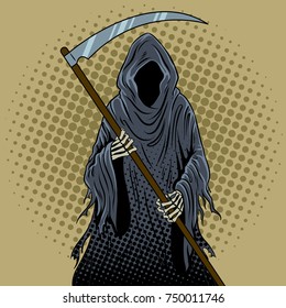 Grim reaper pop art retro vector illustration. Death metaphor. Comic book style imitation.