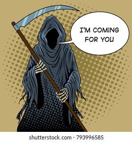 Grim reaper pop art retro vector illustration. Text bubble. Death metaphor. Comic book style imitation.