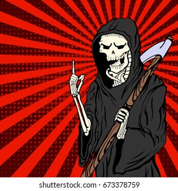 grim reaper in pop art style with dark and red background and red dots