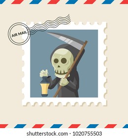 Grim reaper postage stamp on air mail envelope