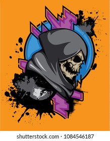 "Grim reaper" poster. Vector hand crafted grim reaper mascot with paint splash and abstract elements. Good for logos, labels, posters, t-shirt design.