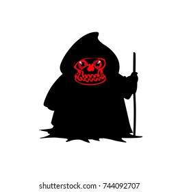 Grim reaper with predatory red  eyes silhouette holding crook isolated on white  background. Halloween vector  illustration, icon, clip art.