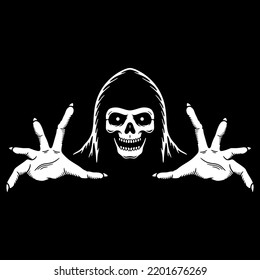 GRIM REAPER PULLS HIS HANDS WHITE BLACK BAGROUND