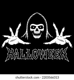 GRIM REAPER PULLS HIS HANDS HALLOWEEN TEXT WHITE BLACK BACKGROUND