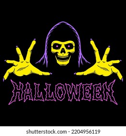 GRIM REAPER PULLS HIS HANDS HALLOWEEN TEXT COLOR BLACK BACKGROUND