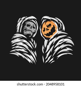 grim reaper and pumpkin halloween character vector illustration