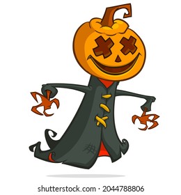 Grim reaper pumpkin head cartoon character. Halloween jack o lantern illustration design for party invitation or poster. Vector scarecrow isolated
