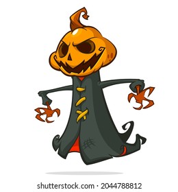 Grim reaper pumpkin head cartoon character. Halloween jack o lantern illustration design for party invitation or poster. Vector scarecrow isolated
