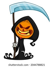 Grim reaper pumpkin head cartoon character with scythe. Halloween jack o lantern illustration design for party invitation or poster. Vector scarecrow isolated
