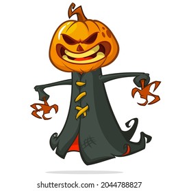Grim reaper pumpkin head cartoon character. Halloween jack o lantern illustration design for party invitation or poster. Vector scarecrow isolated
