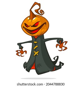 Grim reaper pumpkin head cartoon character. Halloween jack o lantern illustration design for party invitation or poster. Vector scarecrow isolated
