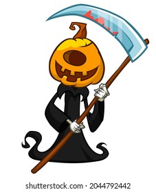 Grim reaper pumpkin head cartoon character with scythe. Halloween jack o lantern illustration design for party invitation or poster. Vector scarecrow isolated
