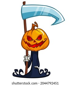 Grim reaper pumpkin head cartoon character with scythe. Halloween jack o lantern illustration design for party invitation or poster. Vector scarecrow isolated
