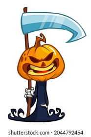 Grim reaper pumpkin head cartoon character with scythe. Halloween jack o lantern illustration design for party invitation or poster. Vector scarecrow isolated
