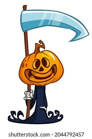 Grim reaper pumpkin head cartoon character with scythe. Halloween jack o lantern illustration design for party invitation or poster. Vector scarecrow isolated
