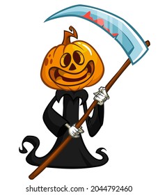 Grim reaper pumpkin head cartoon character with scythe. Halloween jack o lantern illustration design for party invitation or poster. Vector scarecrow isolated
