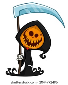 Grim reaper pumpkin head cartoon character with scythe. Halloween jack o lantern illustration design for party invitation or poster. Vector scarecrow isolated
