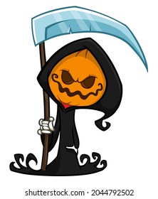 Grim reaper pumpkin head cartoon character with scythe. Halloween jack o lantern illustration design for party invitation or poster. Vector scarecrow isolated
