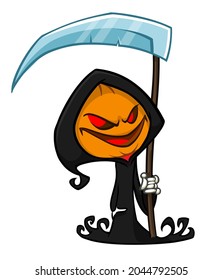 Grim reaper pumpkin head cartoon character with scythe. Halloween jack o lantern illustration design for party invitation or poster. Vector scarecrow isolated

