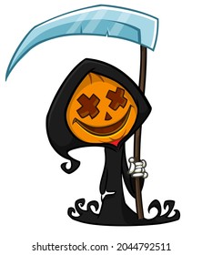 Grim reaper pumpkin head cartoon character with scythe. Halloween jack o lantern illustration design for party invitation or poster. Vector scarecrow isolated
