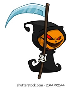 Grim reaper pumpkin head cartoon character with scythe. Halloween jack o lantern illustration design for party invitation or poster. Vector scarecrow isolated
