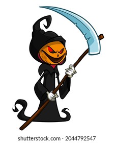 Grim reaper pumpkin head cartoon character with scythe. Halloween jack o lantern illustration design for party invitation or poster. Vector scarecrow isolated
