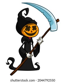 Grim reaper pumpkin head cartoon character with scythe. Halloween jack o lantern illustration design for party invitation or poster. Vector scarecrow isolated
