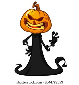 Grim reaper pumpkin head cartoon character with scythe. Halloween jack o lantern illustration design for party invitation or poster. Vector scarecrow isolated
