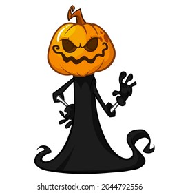 Grim reaper pumpkin head cartoon character with scythe. Halloween jack o lantern illustration design for party invitation or poster. Vector scarecrow isolated
