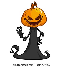 Grim reaper pumpkin head cartoon character with scythe. Halloween jack o lantern illustration design for party invitation or poster. Vector scarecrow isolated
