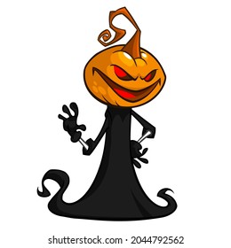 Grim reaper pumpkin head cartoon character with scythe. Halloween jack o lantern illustration design for party invitation or poster. Vector scarecrow isolated
