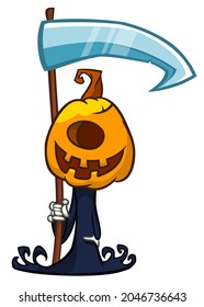 Grim reaper pumpkin head cartoon character with scythe. Halloween jack o lantern illustration design for party invitation or poster. Vector scarecrow isolated
