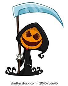 Grim reaper pumpkin head cartoon character with scythe. Halloween jack o lantern illustration design for party invitation or poster. Vector scarecrow isolated
