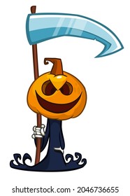 Grim reaper pumpkin head cartoon character with scythe. Halloween jack o lantern illustration design for party invitation or poster. Vector scarecrow isolated
