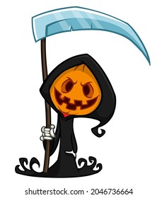 Grim reaper pumpkin head cartoon character with scythe. Halloween jack o lantern illustration design for party invitation or poster. Vector scarecrow isolated
