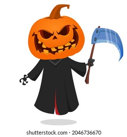 Grim reaper pumpkin head cartoon character with scythe. Halloween jack o lantern illustration design for party invitation or poster. Vector scarecrow isolated
