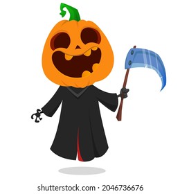 Grim reaper pumpkin head cartoon character with scythe. Halloween jack o lantern illustration design for party invitation or poster. Vector scarecrow isolated
