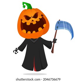Grim reaper pumpkin head cartoon character with scythe. Halloween jack o lantern illustration design for party invitation or poster. Vector scarecrow isolated
