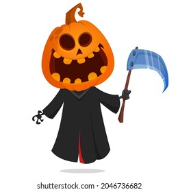 Grim reaper pumpkin head cartoon character with scythe. Halloween jack o lantern illustration design for party invitation or poster. Vector scarecrow isolated
