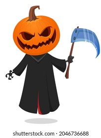 Grim reaper pumpkin head cartoon character with scythe. Halloween jack o lantern illustration design for party invitation or poster. Vector scarecrow isolated
