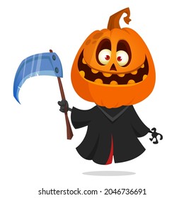 Grim reaper pumpkin head cartoon character with scythe. Halloween jack o lantern illustration design for party invitation or poster. Vector scarecrow isolated
