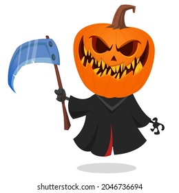 Grim reaper pumpkin head cartoon character with scythe. Halloween jack o lantern illustration design for party invitation or poster. Vector scarecrow isolated
