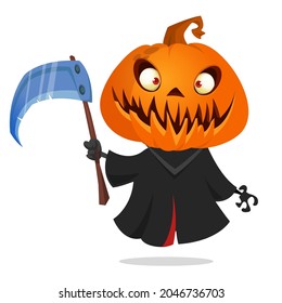 Grim reaper pumpkin head cartoon character with scythe. Halloween jack o lantern illustration design for party invitation or poster. Vector scarecrow isolated
