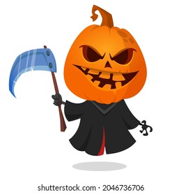 Grim reaper pumpkin head cartoon character with scythe. Halloween jack o lantern illustration design for party invitation or poster. Vector scarecrow isolated
