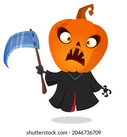 Grim reaper pumpkin head cartoon character with scythe. Halloween jack o lantern illustration design for party invitation or poster. Vector scarecrow isolated
