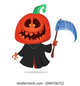 Grim reaper pumpkin head cartoon character with scythe. Halloween jack o lantern illustration design for party invitation or poster. Vector scarecrow isolated
